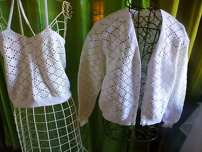 T3 Bianco, Bel Completo Uncinetto Mano Cotone N= Carocco a Bretelle e Gilet - Immagine 1 di 4