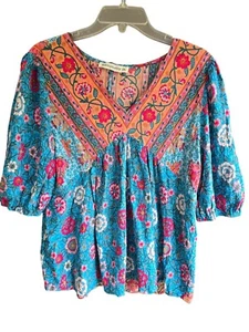 Rusttydustty Floral V-Neck Boho Blouse OXL Multicolor Cotton Blend Womens Top - Picture 1 of 5