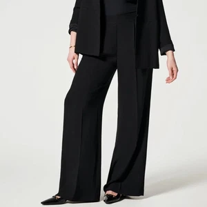 Spanx Women Sz L Black Carefree Crepe Pleated Trouser Pull On Wide Leg Pant New - Picture 1 of 7