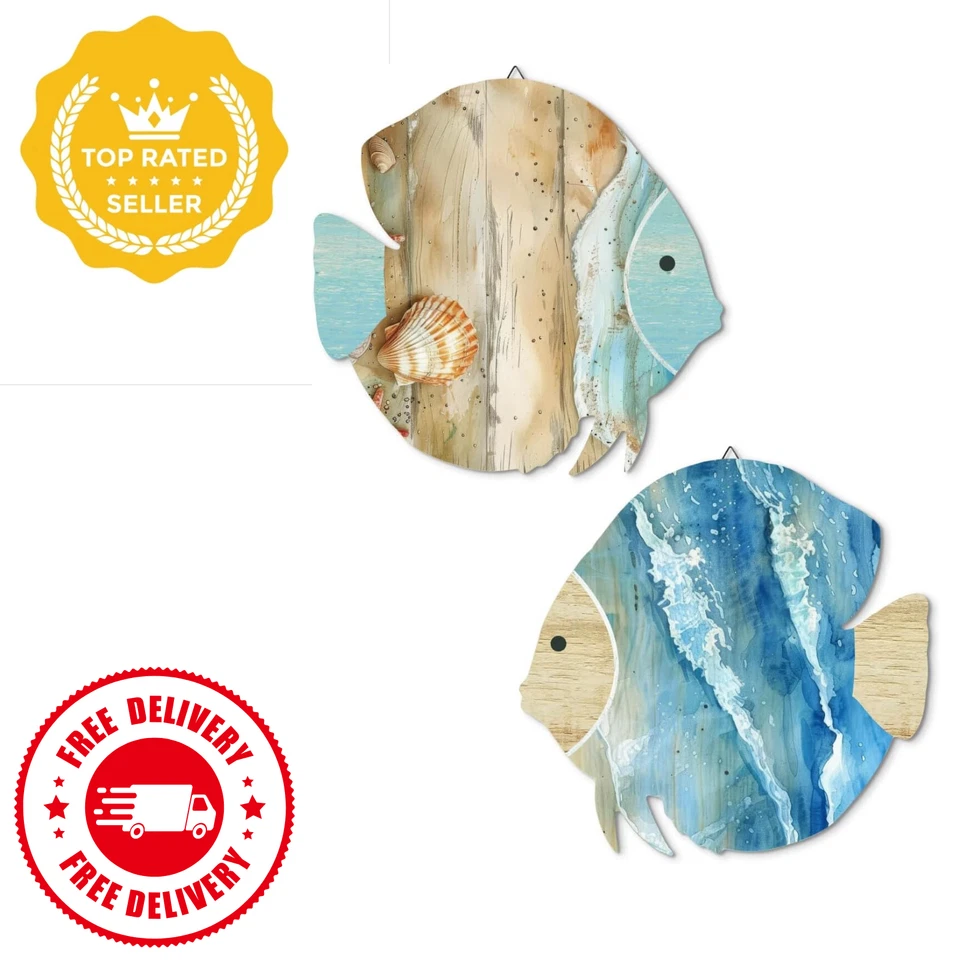 Putuo Decor Wood Fish Wall Decor 2Pcs Rustic Beach House Wall Decor Coastal