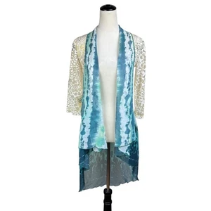 Vintage Concept S Teal Cream Burnout Mixed Print Tie Dye Sheer Cardigan Kimono - Picture 1 of 11