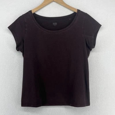 EILEEN FISHER Top L Stretch Organic Cotton Scoop Neck Short Sleeve Brown USA - Image 1 of 4