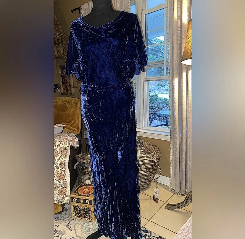 Vintage 1930s Blue Silk Velvet Gown Dress Flutter Sleeves Bias Cut Maxi Belt - Image 1 of 4