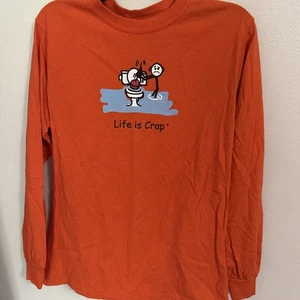 Life is Crap Graphic Lg Sleeve T Shirt Mens Small Plunging Toilet Orange RARE - Picture 1 of 3