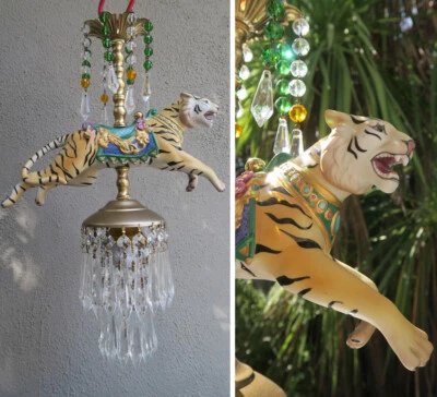 Vintage Lamp SWAG Chandelier Porcelain Tiger Carousel Emerald Beads Crystal pris - Image 1 of 4