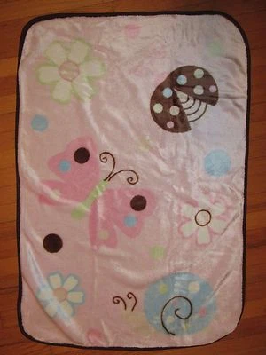HTF/RARE NoJo Ladybug/Butterfly/Snail/Flower Pink with Brown Trim Plush Blanket - Image 1 of 4