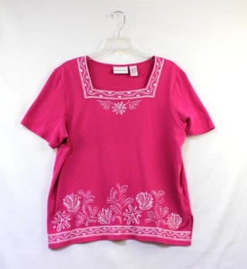 Alfred Dunner Top Large Pink White Embroidered Womens Pullover Coastal Casual - Picture 1 of 8