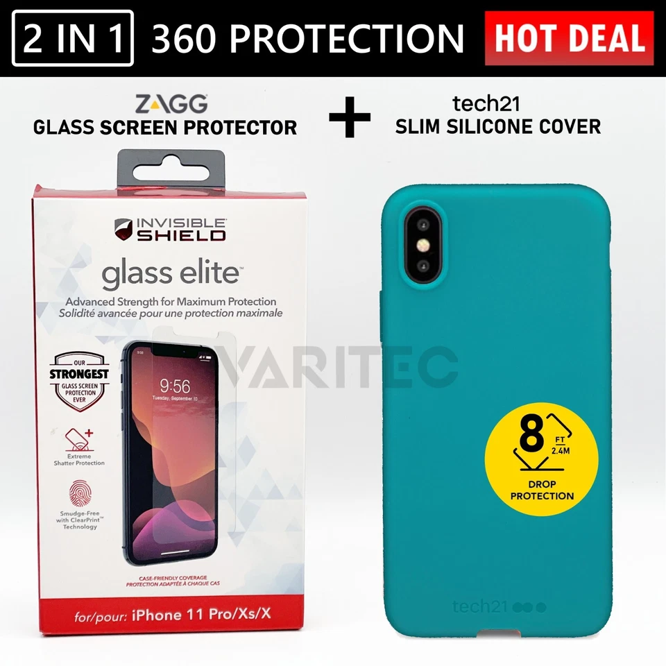 Protetor de tela de vidro Zagg X/XS + capa traseira de gel Tech21 para Apple iPhone X XS - Imagem 1 de 1