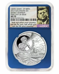 2017 1 oz Silver JFK Solomon Islands NGC MS 70 First Day of Issue-Blue Label   - Picture 1 of 2