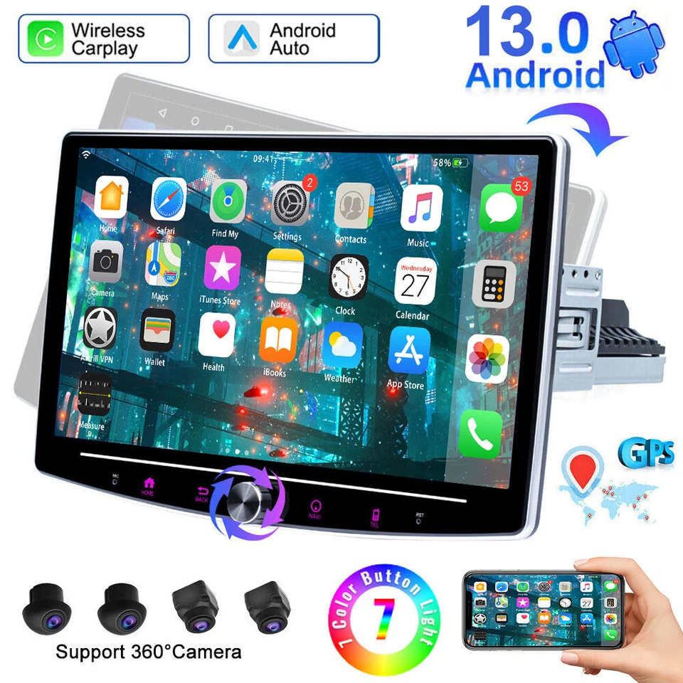 1DIN 2+32G Rotatable 10.1" Android 13 Carplay Car Stereo Radio GPS WIFI+360 Cam - Image 1 of 4