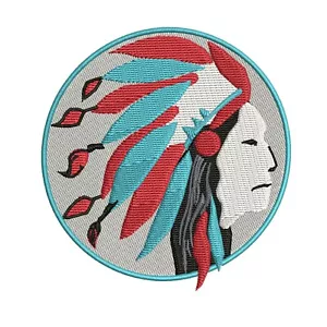 INDIAN CHIEF HEADDRESS EMBLEM 10" PATCH IRON-ON EMBROIDERED RED ROUND LOGO - Picture 1 of 11