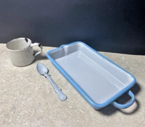 3 Antique Toy Graniteware Enamelware Child Light Blue Drip Pan White Cup & Spoon - Picture 1 of 7