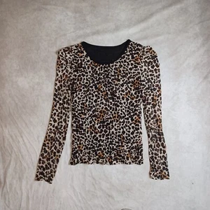 Blusa maglia stampa leopardata donna media lunga manica a sbuffo marrone impreziosita festa - Foto 1 di 11