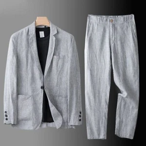 !New Men's Linen Suit Summer Causal Blazer/Pant set Coat Beach Jacket Lapel 2PCS - Picture 1 of 21