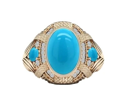 Turquoise Wedding Signet Ring For Men 18K, 10Ct,17x12mm Genuine Moissanite Ring - Image 1 of 4
