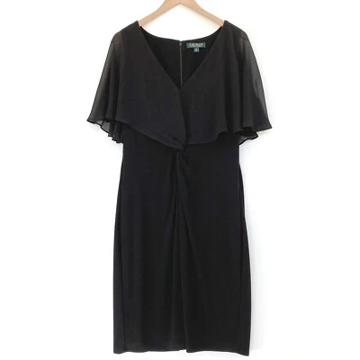 Lauren Ralph Lauren Womens Black Midi Dress Sheer Capelet Size 14 Twist Front - Image 1 of 4
