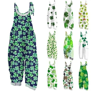 Women's Fashion St. Patrick Print Casual Loose Retro Suspender Jumpsuit - Picture 1 of 42