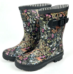 JOULES Women's Molly Welly Rain Boots Black with Forest Animals Size US 6 NWT - Picture 1 of 14