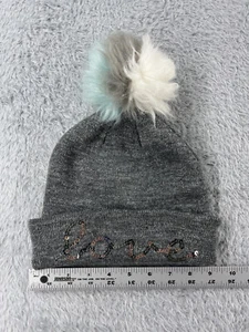 Justice Love Beanie Toque Youth Girls OS Gray Knit Metallic Blend Sequin Ski Pom - Picture 1 of 8