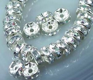 25 Silver Plated Rhinestone Spacer Brass Rondelle Beads 8mm