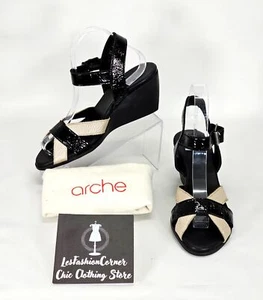 Arche Women's Black Beige Patent Leather Wedge Sandals Peep Toe Sz 8.5 1976 - Picture 1 of 16