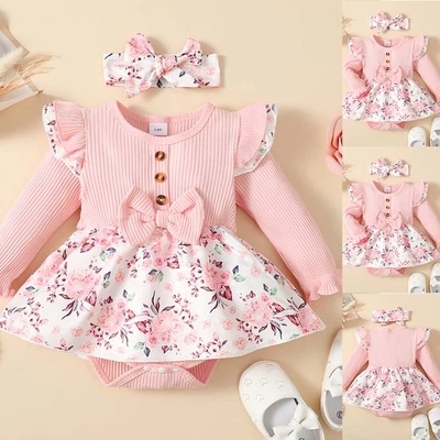 Newborn Baby Girl Floral Ruffle Ribbed Bodysuit Romper Dress Outfits Clothes Set - Image 1 of 4