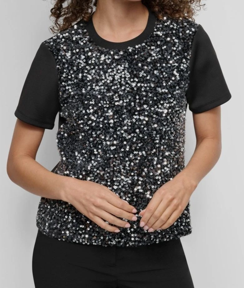 DKNY Womens' Black Crewneck Short-Sleeve Sequin Blouse Top Size XL