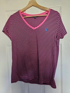 NUEVO SIN ETIQUETAS Polo Ralph Lauren Para Mujer Rosa Blanco Rayas Algodón Cuello en V Azul Poni Camiseta M - Imagen 1 de 4