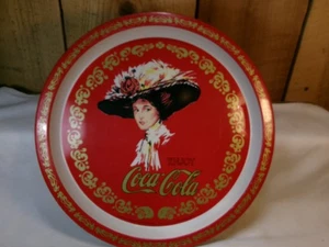Vintage 1982 Coca-Cola Metal Tin Round Serving Tray Woman with Fancy Hat - Picture 1 of 3