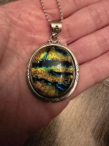 Large glass pendant necklace 925 silver - Picture 1 of 8