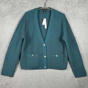 Talbots Kate Cardigan Sweater Lapis Green Gold Buttons Front Flap Pockets Large - Picture 1 of 11
