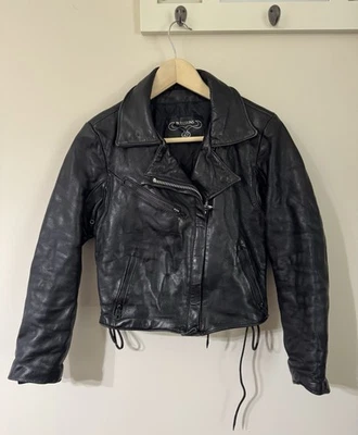 Винтажный Kid Bullskins мотоцикла езды мотоциклиста панк черная кожаная куртка S-M - Изображение 1 из 4