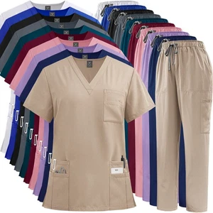 Set Scrub Uomo Donna NiaaHinn Scrub Uniformi Mediche Scollo a V Top Pantaloni Dritti - Foto 1 di 29