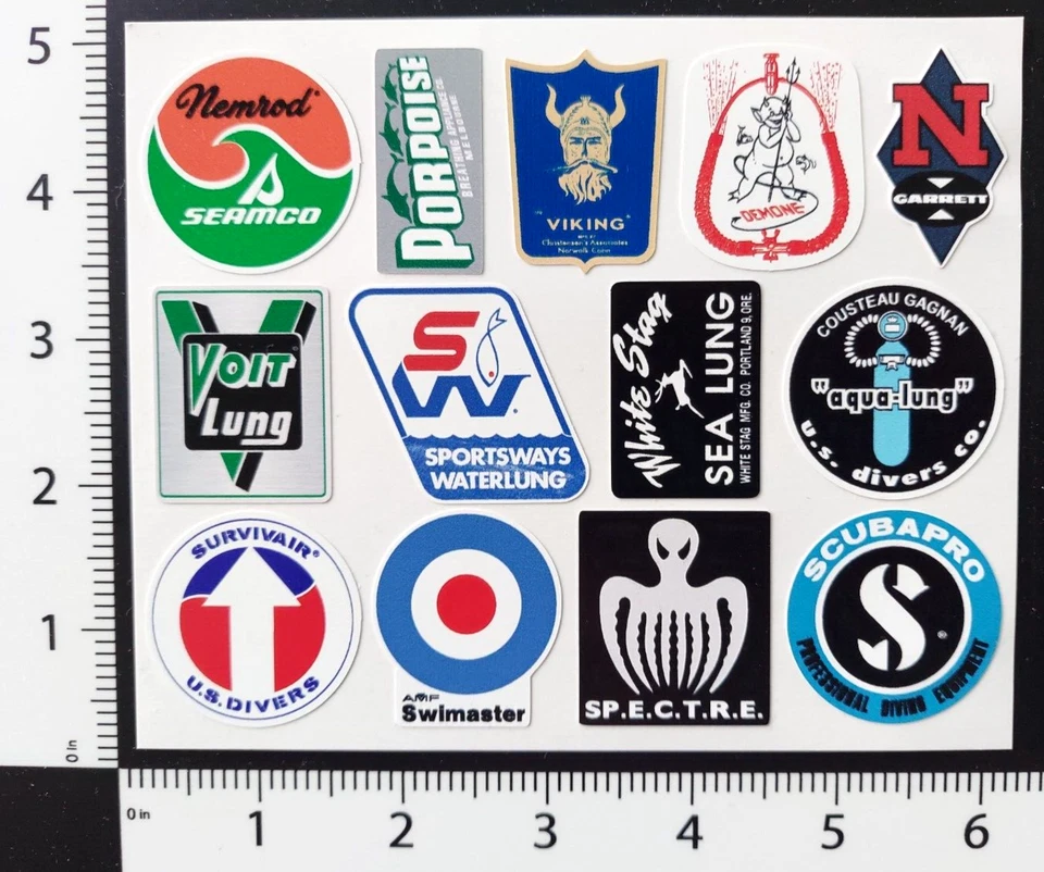 Mini Vintage Scuba Dive Diving Decal Sticker set No.2 repro 6mil UV vinyl 1.5" - Image 1 of 1
