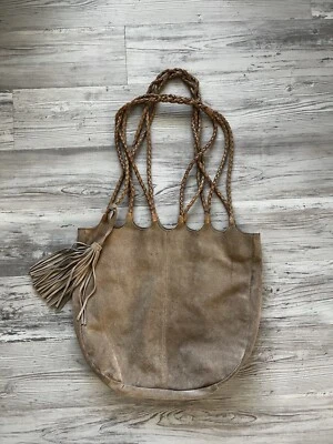 Free People Tan Boho Suede Leather Tote Bag Braided Leather Straps Fringe Tassle - Image 1 of 4