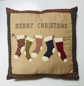 Holiday Christmas Pillow, Stockings & Plaid Tartan Boarder, Red Back 17” x 17" - Picture 1 of 5