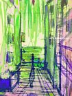 City Alley Abstract Wall Art J Paberzis Signed Drawing Neon Green 11x 8.5