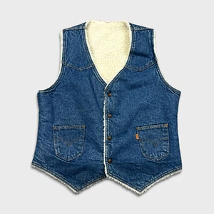 Vintage 70s Levi's Vest Jacket Mens Medium Orange Tab Sherpa Lined Western Denim - Picture 1 of 7