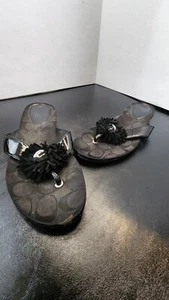Coach Sandals Women Size 7B Black Suki Signature C Flower Fringe Flip Flop Thong - Picture 1 of 8