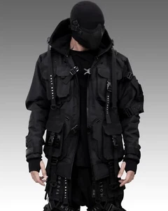 Herren Techwear schwarze Jacke Hoodie durchgehender Reißverschluss Schnalle H-G B.O.M.B 04/BLCK - Bild 1 von 13