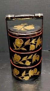 Antica scatola cesto matrimonio cinese 3 livelli nero laccato oro floreale legno - Foto 1 di 19