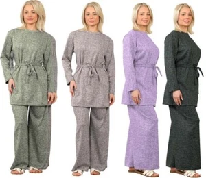 Women Round Neck Needle Ribbed 2 Piece Set Ladies Long Sleeve Belted Tracksuit - Picture 1 of 17
