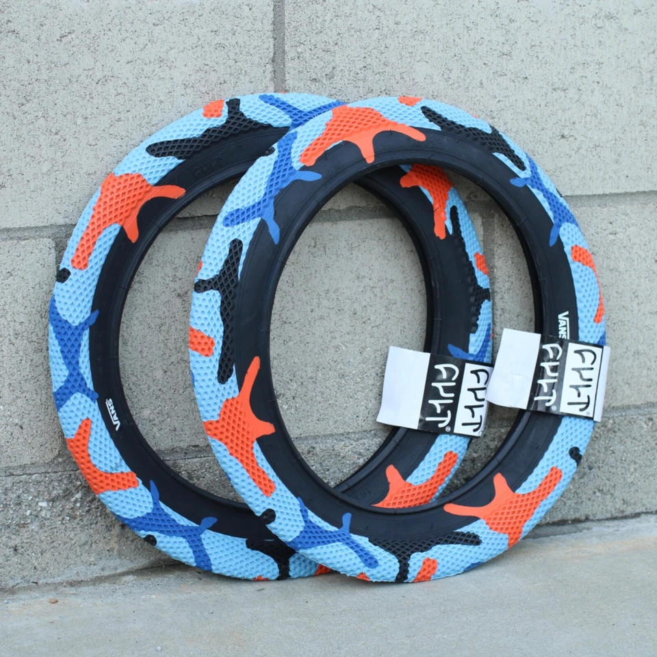 PAIR OF CULT BMX VANS 16" BICYCLE TIRES BLUE ORANGE CAMO