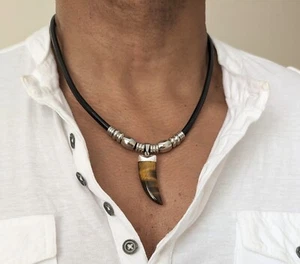Mens Wolf's Tooth,Tigers Eye Pendant, Stainless Steel Beads,3 Colours Of Leather - Picture 1 of 7