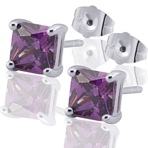 New White Gold Filled 6mm Princess Cut Square Amethyst Purple CZ Stud Earrings - Picture 1 of 4