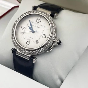 CARTIER PASHA 41mm DIAMOND BEZEL BLUE ALLIGATOR SILVER DIAL STEEL ref: WSPA0010 - Picture 1 of 8