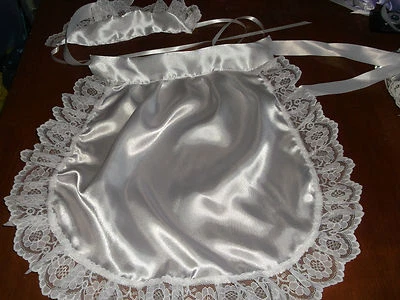 KIMBERLYSECRET PRETTY WHITE SATIN MAID LACE EDGED APRON AND HAT ONE SIZE