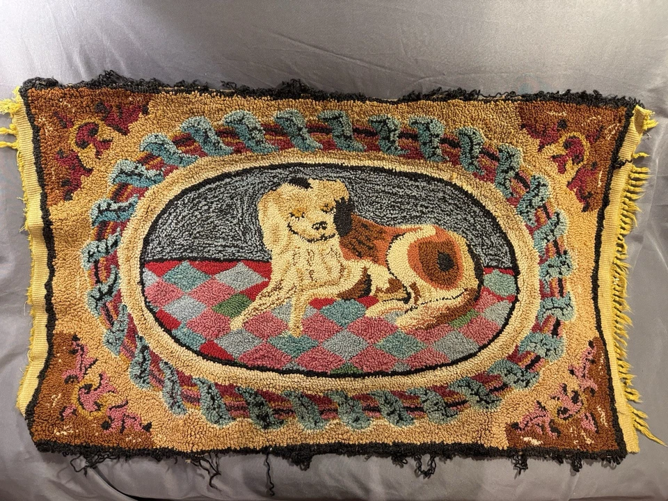 Early Antique Primitive Folk Art Hooked Rug w/ Spaniel Dog - Image 1 of 4