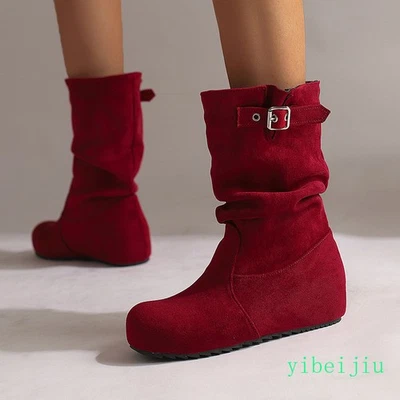 Женские середины икры скрытый на танкетке каблук тянуть на ботинки искусственной замши бархата туфли зимние - Изображение 1 из 4