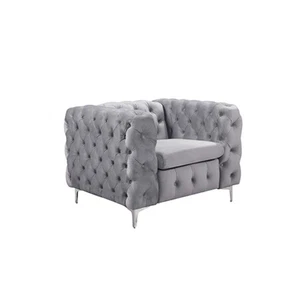 Single Seater Grey Sofa Classic Armchair Button Tufted in Velvet Fabric with Met - Picture 1 of 8